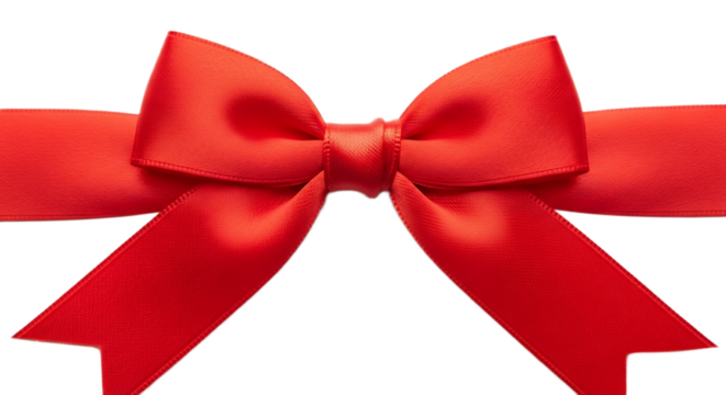 Close up of a bright red satin ribbon tied in a bow against a black background in a horizontal shot