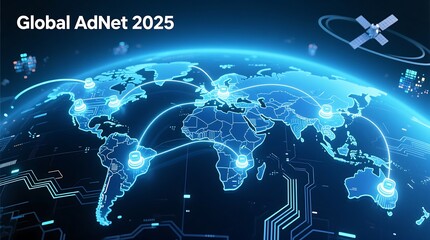 A glowing digital world map with interconnected marketing nodes, data streams connecting continents, representing global online advertising and connectivity, deep blue and cyan color palette.