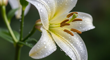 Close up shot of a white lily flower with water droplets on the petals and green foliage in the background