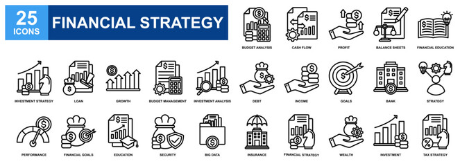 Financial Strategy icon set collection. Containing design Budget Analysis, Profit, Cash Flow, Debt, Financial Goals