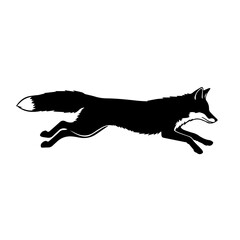 A black silhouette of a fox running with its legs extended.
