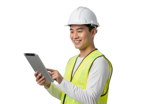 Asian construction worker wearing a white hard hat and yellow safety vest using a tablet computer isolated on transparent background
