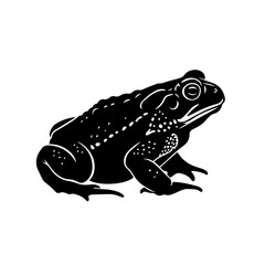 Black and white graphic illustration of a frog or toad in profile, showcasing its distinct silhouette.