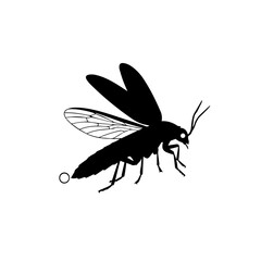 Silhouette of a firefly with wings and legs visible on a white background.