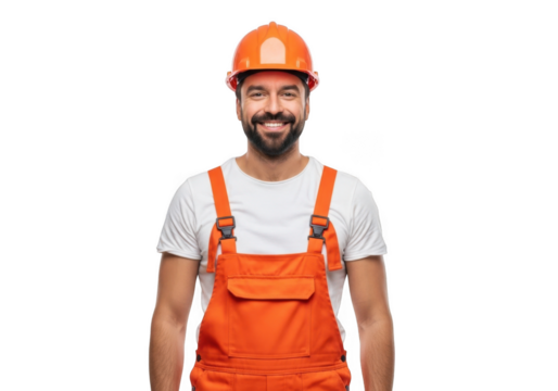 Smiling construction worker wearing an orange hard hat and matching orange overalls with a white shirt underneath isolated on transparent background