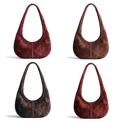 Four suede hobo handbags in varied shades of red and brown displayed in a grid format, isolated on white background. Each bag showcases a sleek, minimal design with a comfortable shoulder strap.