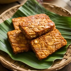 fried tempe on banana leaves plate