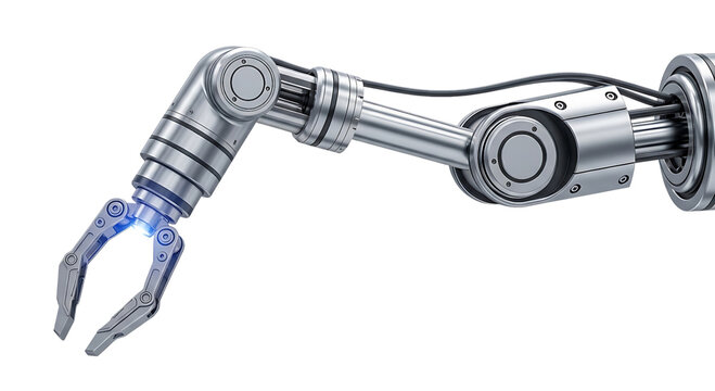 Closeup of a metallic robotic arm with a glowing blue gripper, isolated on transparent background