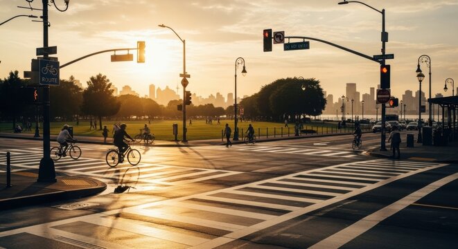 Urban lifestyle with people cycling on a city street. Healthy recreation in a public park at sunset. Eco friendly transportation with a metropolitan skyline view. Active community commute