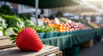 Close up of a strawberry on a wooden surface with produce in the background at a farmers market stall