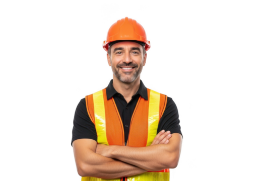 Smiling middle aged construction worker wearing orange hard hat and reflective vest arms crossed isolated on transparent background - Powered by Adobe