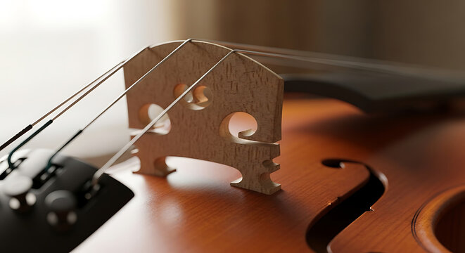 A close up shot of a violin bridge and strings showing the details of the instrument and its construction