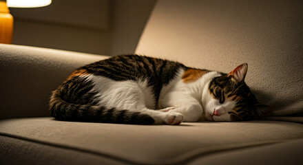 Calico Cat Napping Peacefully on Sofa