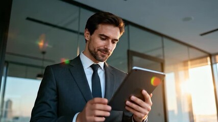 Confident businessman in suit using digital tablet for business development and checking corporate plans - Powered by Adobe