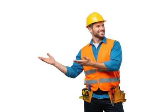 Smiling construction worker wearing a yellow hard hat and bright orange safety vest with tools isolated on transparent background