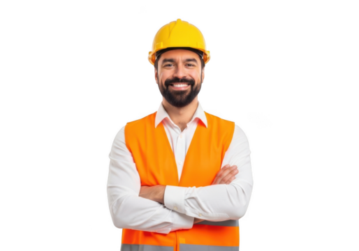 Smiling construction worker wearing a yellow hard hat and orange safety vest with arms crossed isolated on transparent background
