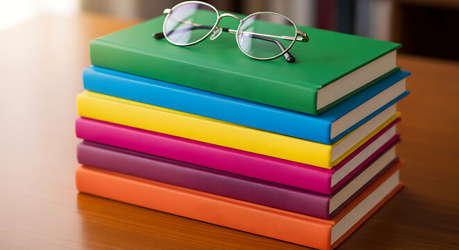 A stack of colorful books with glasses on top of the green book on a wooden table in a library setting