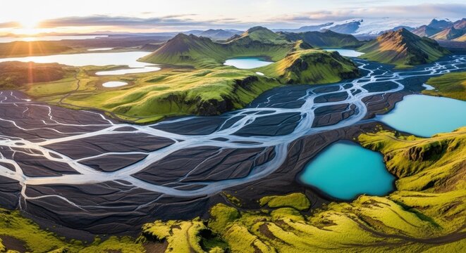 Aerial perspective of a vast braided river system. Green mossy mountains and turquoise volcanic lakes. Epic nordic wilderness for adventure travel. Natural abstract patterns at sunset