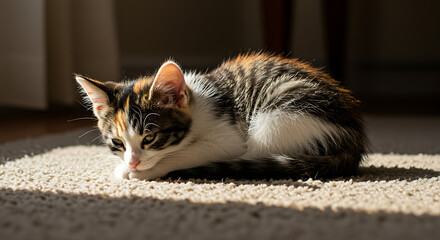 Cute Calico Kitten Curled up in Sunlight
