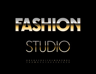 Obraz premium Vector Уlite emblem Fashion Studio. Elegant Glossy Font. Set of Stylish Gold Alphabet Letters and Numbers