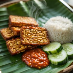 fried tempe on banana leaves plate