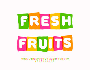 Vector Creative label Fresh Fruits. Colorful Boxes Font. Unique Alphabet Letters and Numbers set