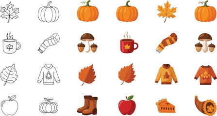 Cozy autumn icons featuring pumpkins, leaves, and warm drinks for seasonal design