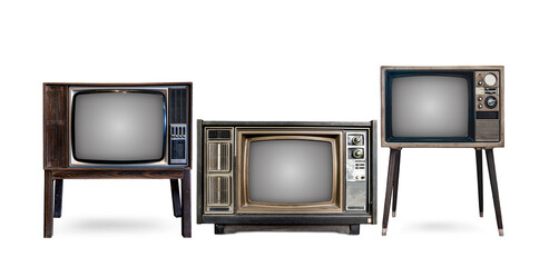 Set of 3 types collectibles Old vintage Classic retro old Tv technology with wood case television stand isolated on white background.