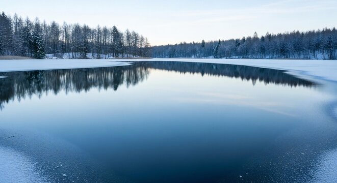 Tranquil winter landscape with reflecting open water amidst snow covered trees