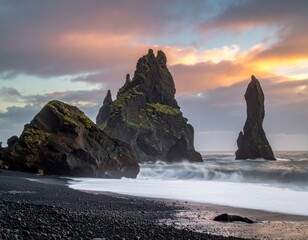 Rocky coastal landscape with distinctive formations and swirling waves