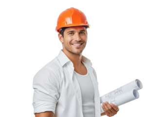 Smiling construction worker wearing an orange hard hat and white shirt holding rolled blueprints isolated on transparent background