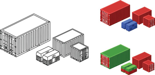 Shipping containers in various sizes and colors, presented in both line art and realistic isometric views
