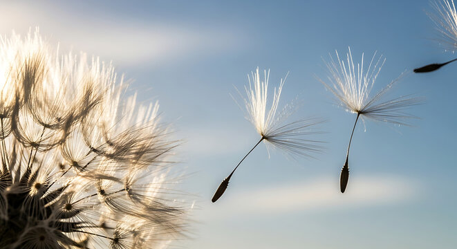 Close up of dandelion seeds blowing in the wind against a bright blue sky on a sunny day outdoors