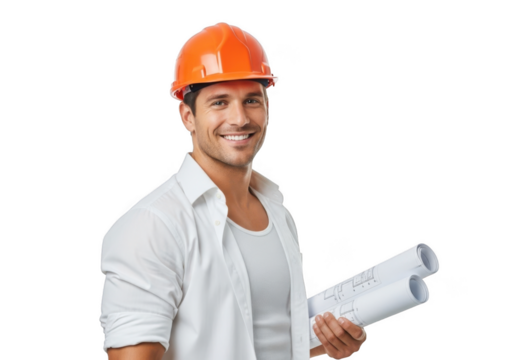 Smiling construction worker wearing an orange hard hat and white shirt holding rolled blueprints isolated on transparent background