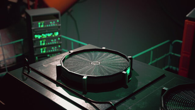A sleek turntable with glowing green accents stands ready on a booth. Surrounding equipment hints at a vibrant nightclub atmosphere, perfect for an electrifying evening of music and dancing.