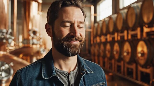 caucasian man, master distiller, stands in his craft distillery. copper stills and wooden barrels for aging whiskey or bourbon. small business concept. banner, website header.