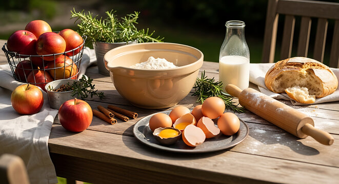 Ingredients for baking apple pie on a wooden table with apples, eggs, milk, flour, and cinnamon sticks