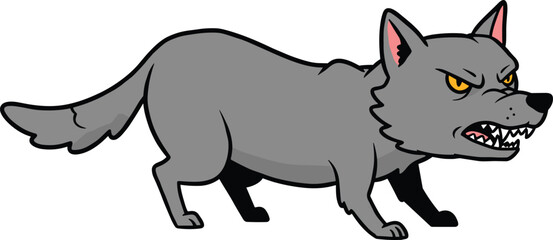 Cartoon wolf illustration, aggressive animal vector, snarling face artwork, crouched stance pose, wilderness creature design, gray fur sketch