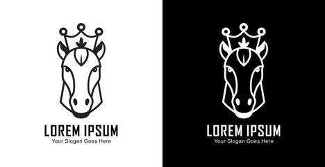 A logo design in the form of a horse's head wearing a crown in a semi-modern line art style