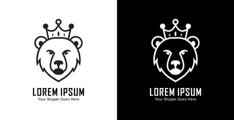 A logo design in the form of a bear's head wearing a crown in a semi-modern line art style