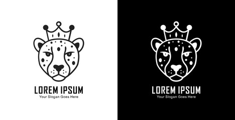 A logo design in the form of a cheetah head wearing a crown in a semi-modern line art style