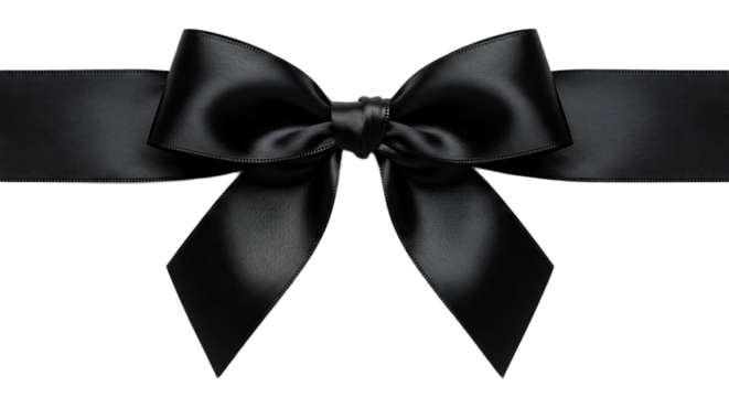A satin black ribbon tied in a bow isolated against a black background in a horizontal view