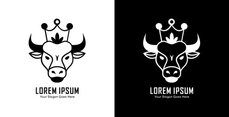 A logo design in the form of a bull's head wearing a crown in a semi-modern line art style