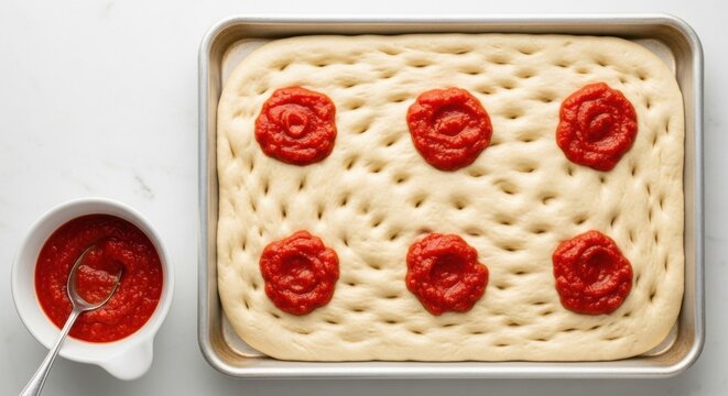 Preparing homemade focaccia bread with tomato sauce. Italian cuisine recipe in progress. Raw dough on a baking sheet. Culinary food blog content. Top down cooking process