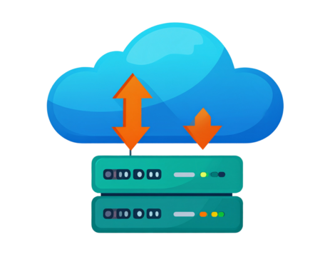 Minimalist Cloud Computing Icon with Server, Upload/Download Arrows, Flat PNG