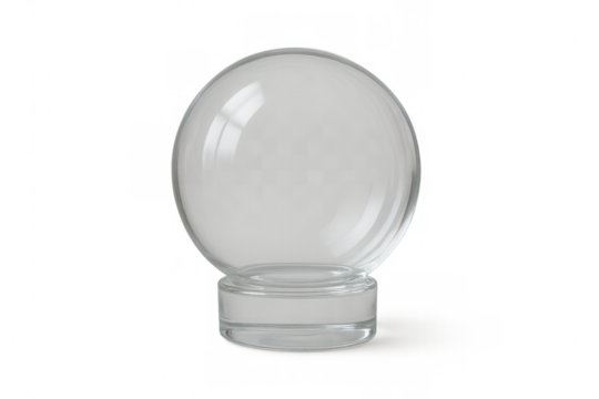 Clear glass sphere with a rounded base, standing empty and ready for customization, transparent background