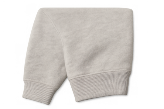 Beige folded sweatshirt with ribbed cuffs and hem, casual cotton apparel on transparent background