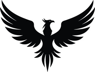 Phoenix silhouette vector, mythological bird design, wings spread wide, fierce crest, rebirth symbol, symmetrical feathers, black artwork illustration.eps