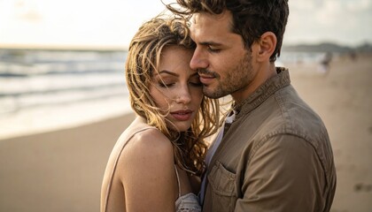 Romantic couple embracing tenderly on a sandy beach at sunset