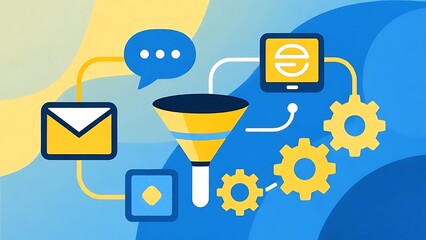 Abstract illustration of automated marketing workflow — email icons, chatbot bubbles, funnel shapes, gears connecting different digital tools, clean .